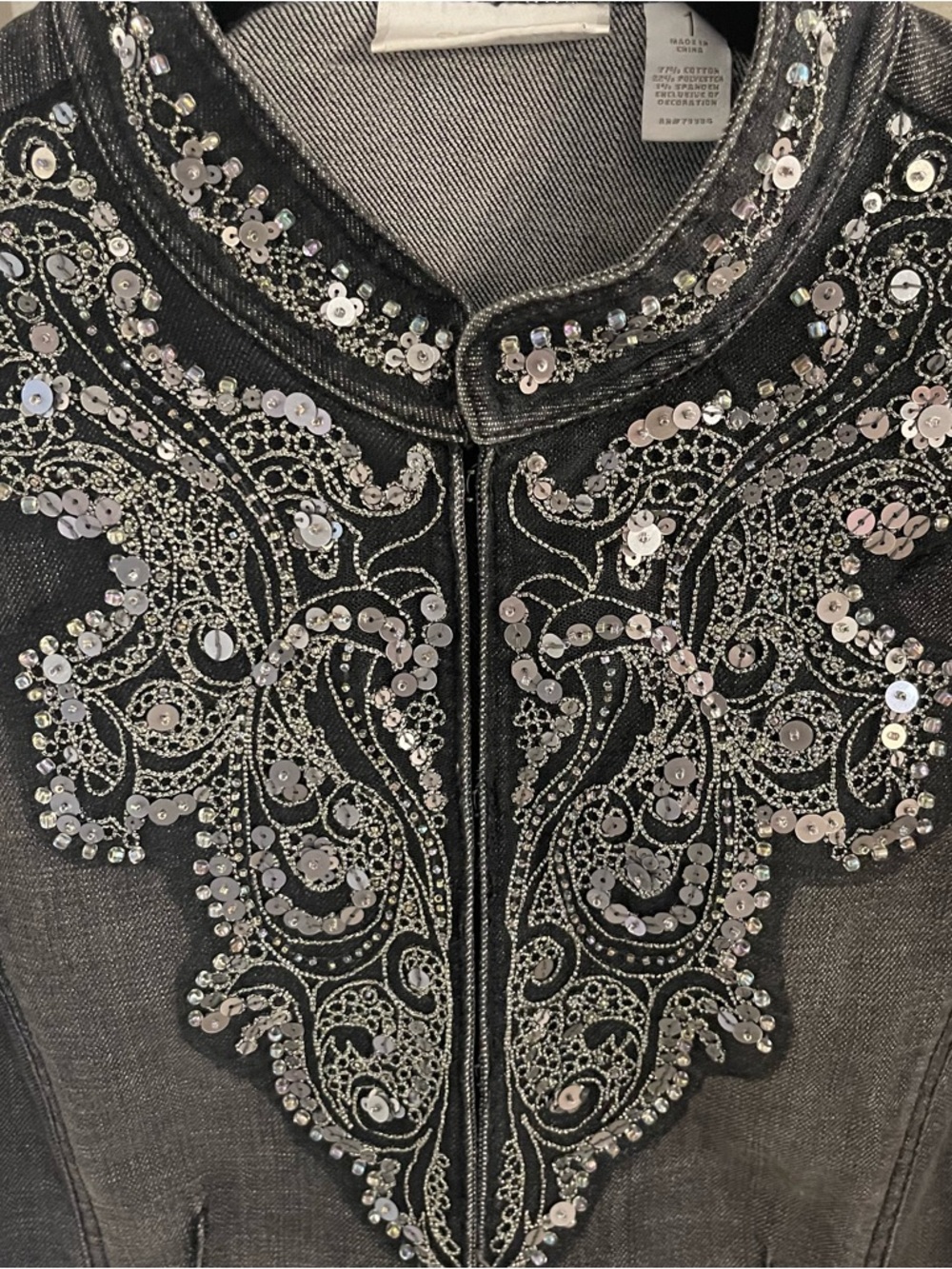 Chico's Black Embellished Denim Jacket with Silver Sequin Detail - Picture 3 of 8